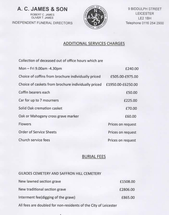 Price List | A C James and Son Funeral Directors